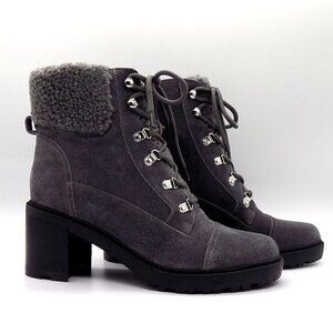 Marc Fisher Lakynn Ankle Boots Size 9.5 Suede Dark Gray Lug Sole Faux Fur Collar
